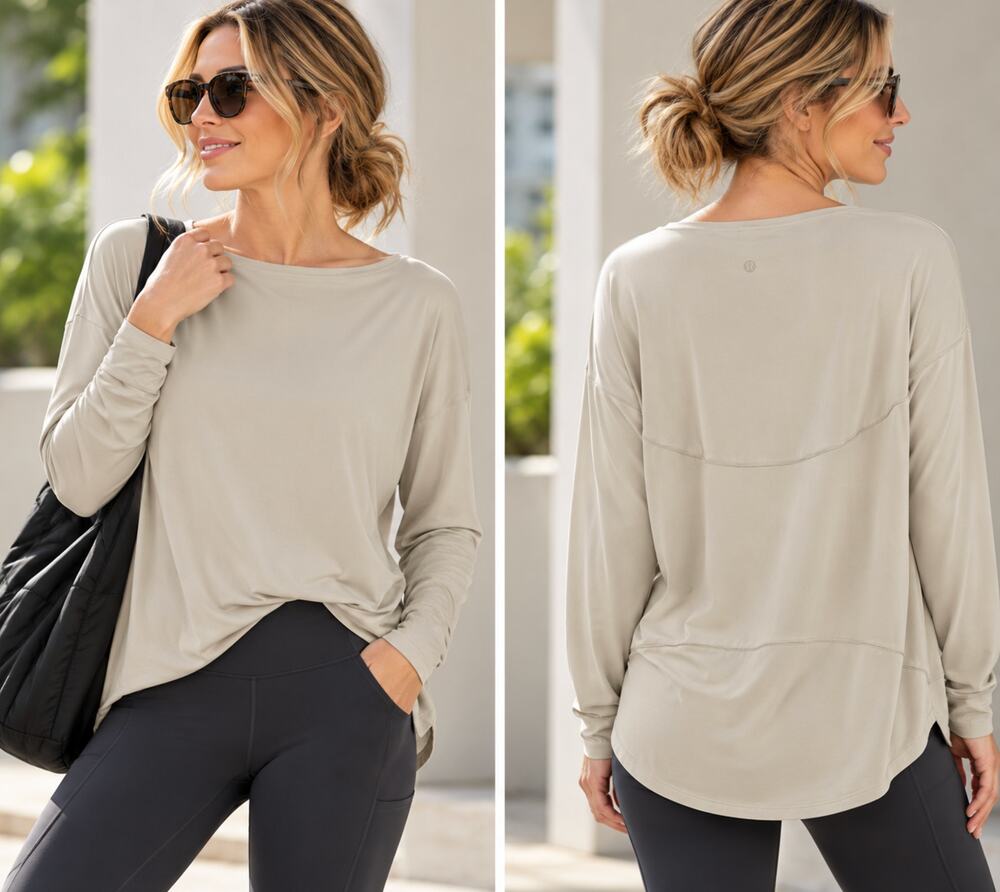 Lululemon Tuck and Flow Long Sleeve Rulu Top Beige Tan Size 10 Relaxed